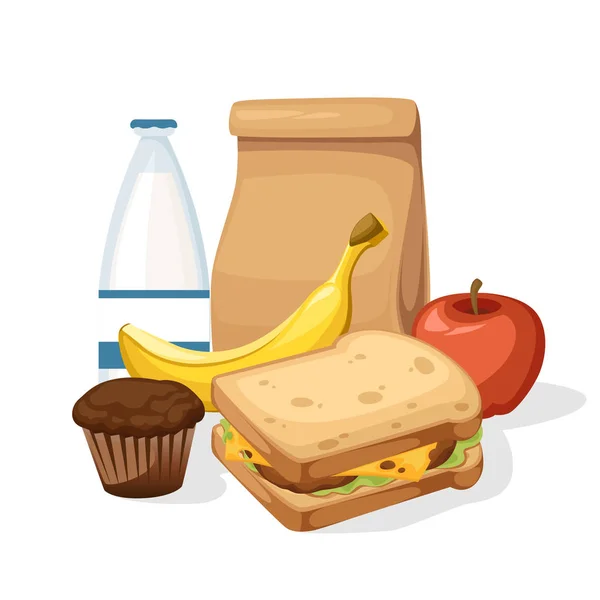 Lunch paper bag with juice, apple and sandwich. Recycle brown paper bag. Flat vector illustration isolated on white background — Stock Vector
