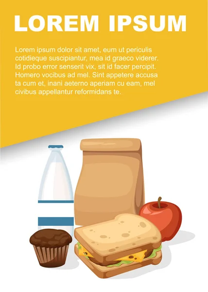 Lunch paper bag with milk, apple and sandwich. Recycle brown paper bag. Flat vector illustration on white background. Place for text, web site page and mobile app design