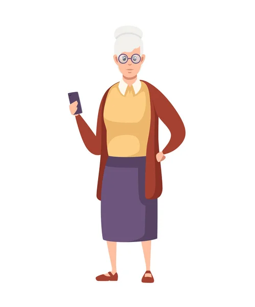 カジュアルな服装のシニアウーマン。メガネ付きの古いスマートフォンを保持します。立っている祖母。漫画のキャラクターデザイン。白い背景に分離されたフラットベクトルイラストレーション — ストックベクタ