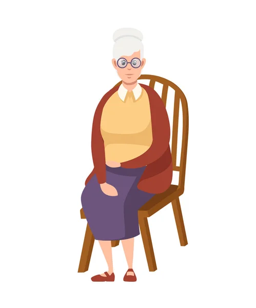 Senior Woman in casual clothes. Grandmother sit on wooden chair. Cartoon character design. Flat vector illustration isolated on white background — Stock Vector