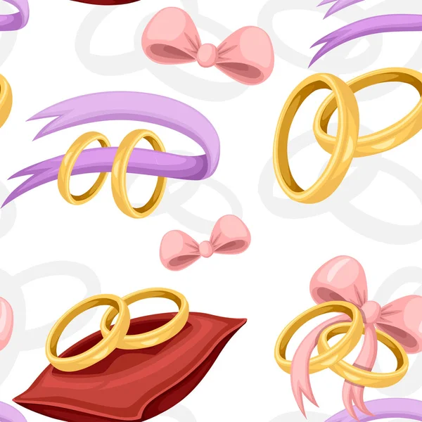 Bezszwowy wzór. Złote pierścienie wesela na czerwonej aksamitnej poduszce, fioletowej wstążki. Złotą biżuterię. Płaska ilustracja wektorowa na białym tle — Wektor stockowy