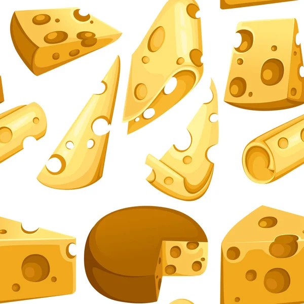 Seamless pattern. Cheese slices collection. Triangular piece of cheese. Dairy milk product icon set. Flat vector illustration on white background — Stock Vector