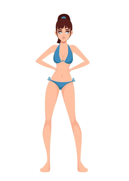 Beautiful women wearing blue modern style swimsuit. Cartoon character design. Flat vector illustration isolated on white background — Stock Vector