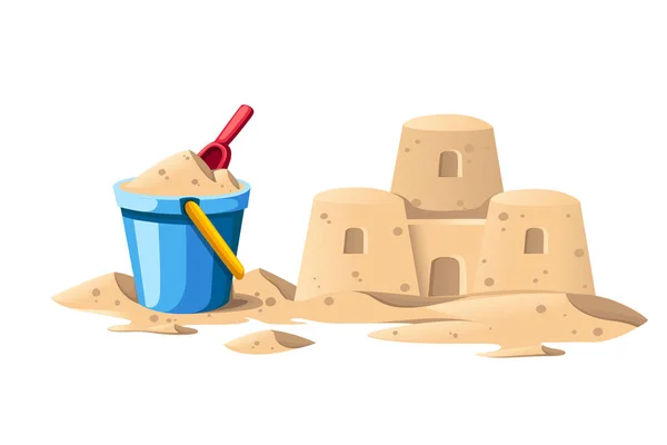 Simple sand castle with blue bucket and red shovel. Cartoon design. Flat vector illustration isolated on white background — Stock Vector