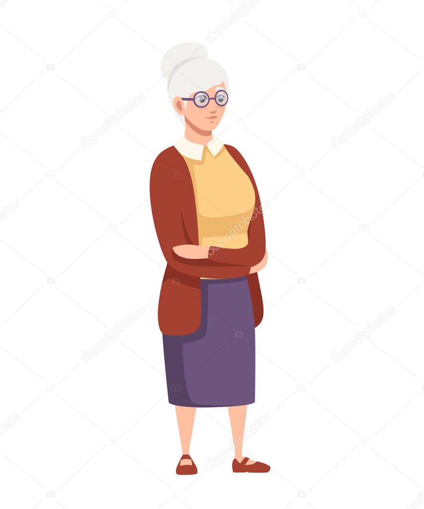 Senior Woman in casual clothes. Grandmother standing. Cartoon character design. Flat vector illustration isolated on white background
