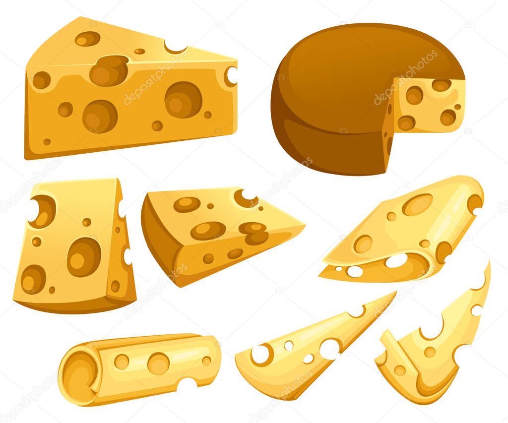 Cheese slices collection. Triangular piece of cheese. Dairy milk product icon set. Flat vector illustration isolated on white background