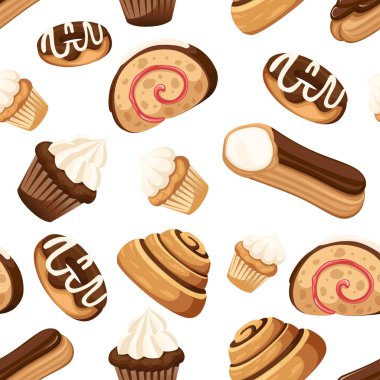 Kusursuz desen. Tatlı tatlı pasta seti. Kek farklı türde toplama. Beyaz arka planda düz vektör çizimi. Pastane dükkanı için simge