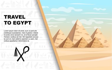 Giza piramit kompleksi. Mısır piramitleri gündüz harikası dünya büyük piramidinin giza Düz vektör illüstrasyon metin için yer ile. Reklam el ilanı veya tebrik kartı tasarımı