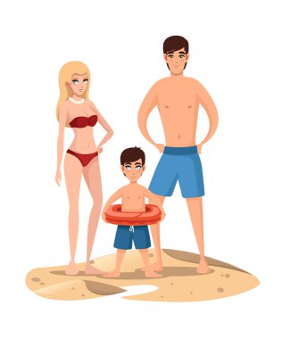 Sahilde genç bir aile. İnsanlar kumun üzerinde duruyor. Güzel kadınlar, mayo giyen erkek ve çocuk. Çizgi film karakter tasarımı. Beyaz arka planda düz vektör çizimi