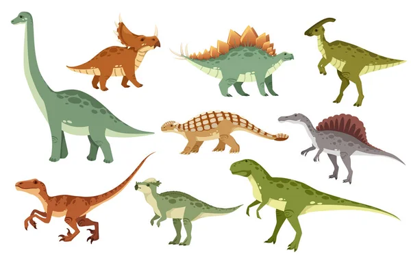 Zeichentrick-Dinosaurier-Set. Niedliche Dinosaurier-Ikonensammlung. Farbige Raubtiere und Pflanzenfresser. flache Vektordarstellung isoliert auf weißem Hintergrund — Stockvektor