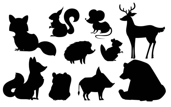 Набор лесных животных. Черный силуэт коллекции икон животных. Хищные и травоядные млекопитающие. Плоская векторная иллюстрация на белом фоне — стоковый вектор