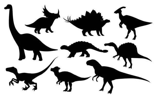 Karikatür dinozor seti. Sevimli dinozorlar simge koleksiyonu. Siyah siluet yırtıcılar ve otoburlar. Beyaz arka planda yalıtılmış düz vektör çizimi — Stok Vektör