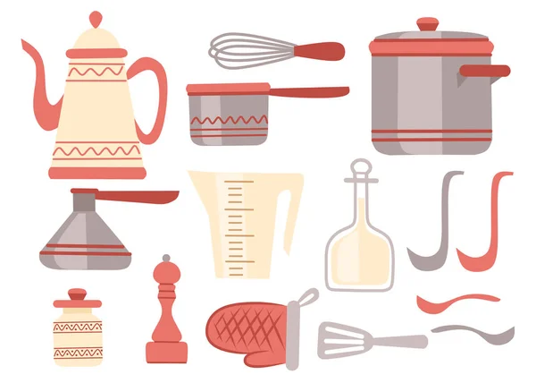 Kuchyňské nádobí. Kuchyňské nádobí, kuchyňské nádobí, sbírka kuchyňských nástrojů. Moderní kuchyňské nádobí ikony v arabském stylu. Plochá vektorová ilustrace izolovaná na bílém pozadí — Stockový vektor
