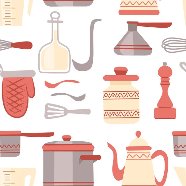 Naadloos patroon. Keukengerei set. Keukengerei collectie. Moderne keuken gebruiksvoorwerp pictogrammen in Arabische stijl. Platte vector illustratie op witte achtergrond — Stockvector