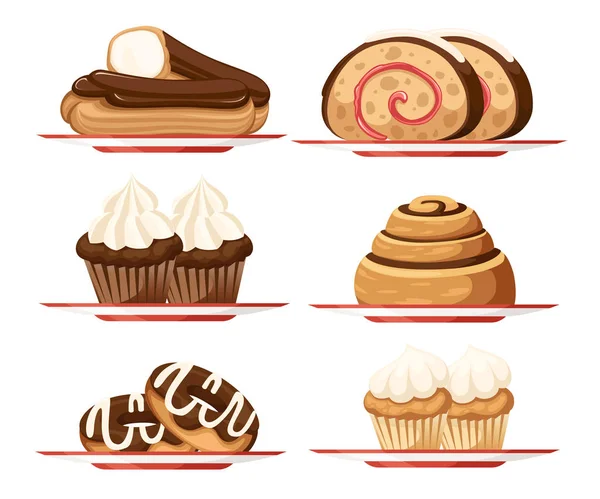 Édes desszert tészta meg. Különböző típusú sütemények gyűjteménye. Lapos vektor illusztráció elszigetelt fehér háttér. A sütőipari bolt ikonja — Stock Vector