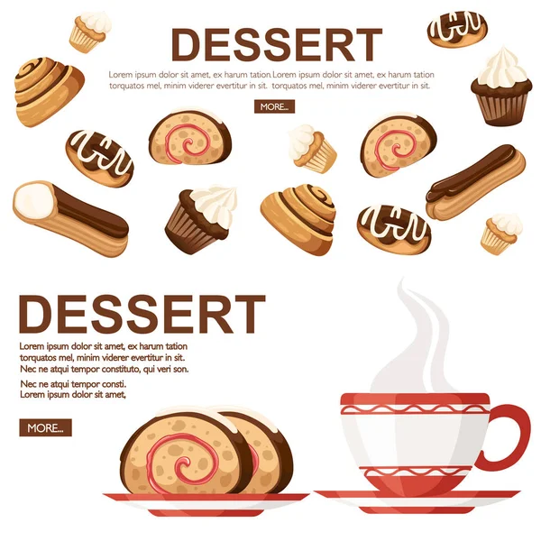 Pastelería de postre dulce. Colección de diferentes tipos de pasteles. Ilustración vectorial plana sobre fondo blanco. Icono para panadería. Lugar para el texto — Vector de stock