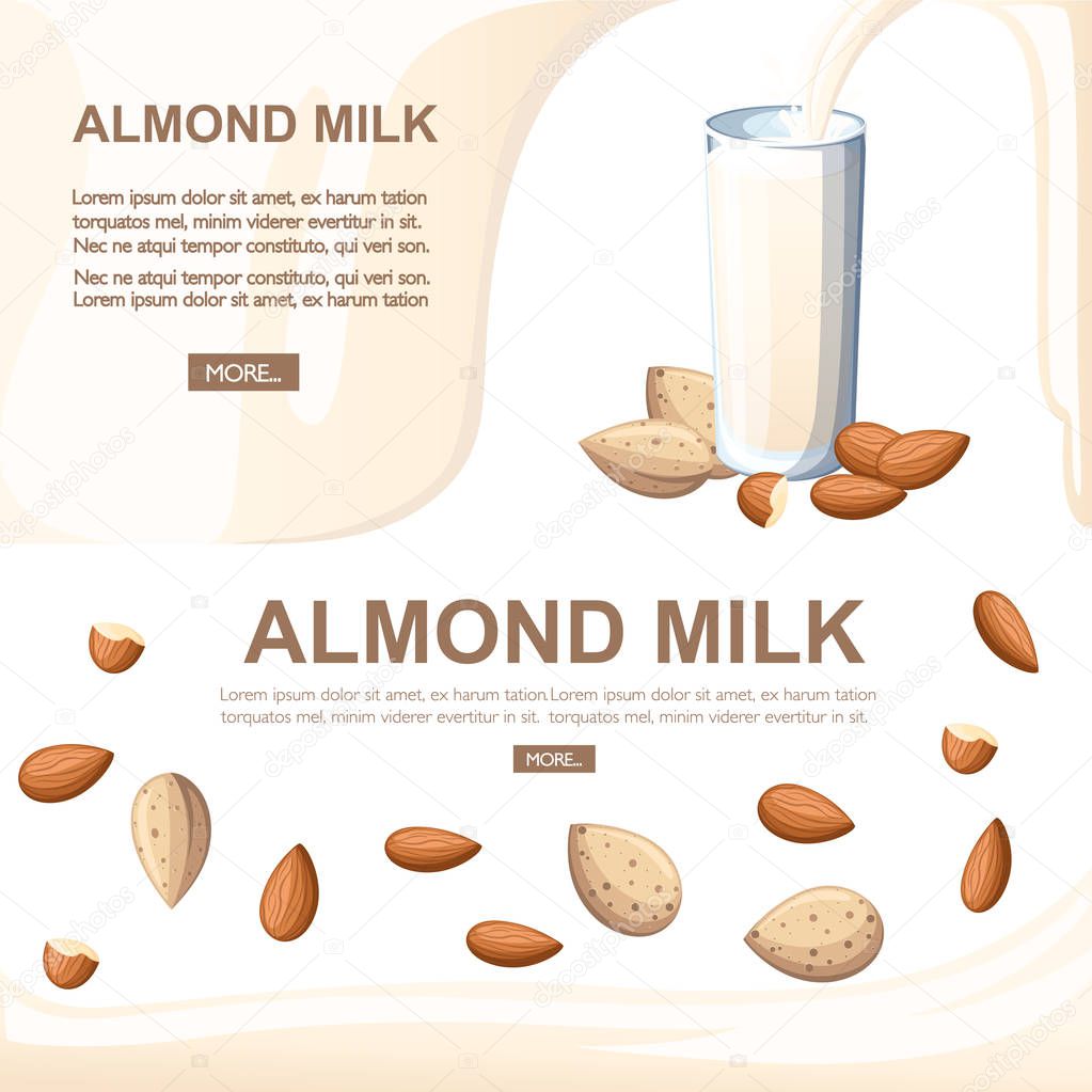 Almond milk pouring in drinking glass. Nuts . Flat vector illustration on white background. Vegetarian drink, food. Natural condition, health food. Place for text