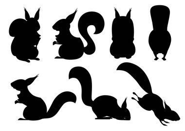 Siyah siluet. Sevimli karikatür sincap seti. Komik küçük kahverengi sincap koleksiyonu. Duygu küçük hayvan. Karikatür hayvan karakter tasarımı. Beyaz arka planda yalıtılmış düz vektör çizimi