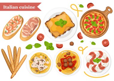 İtalyan mutfağı. Pizza, spagetti, risotto, bruschetta ve grissini. Tabakve ahşap kalas üzerinde klasik İtalyan yemekleri. Beyaz arka planda düz vektör çizimi