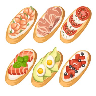 Somon, domates, karides, et, parmesan - farklı malzemelerle Bruschetta Seti. Klasik İtalyan yemekleri, lezzetli mezeler. Beyaz arka planda yalıtılmış düz vektör çizimi