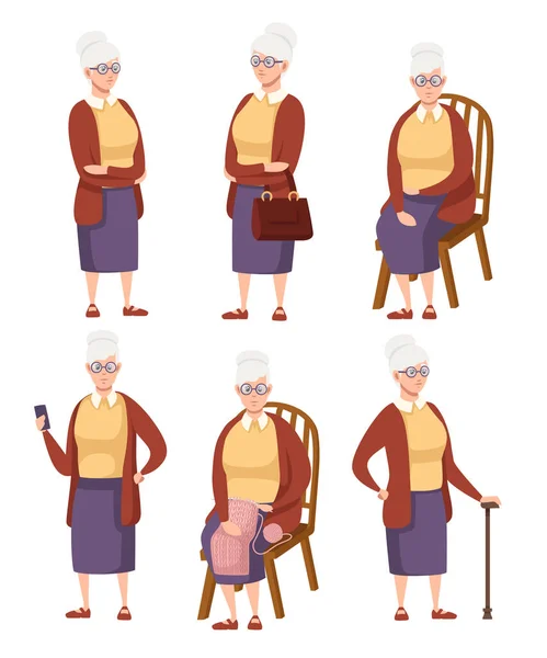 カジュアルな服装のシニアウーマンのセット。異なる状況の老婦人。立っている祖母。漫画のキャラクターデザイン。白い背景に分離されたフラットベクトルイラストレーション — ストックベクタ