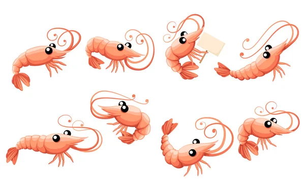 Udang yang lucu. Desain karakter hewan kartun. Koleksi ikon crustacea untuk berenang. Ilustrasi vektor datar diisolasi pada latar belakang putih - Stok Vektor