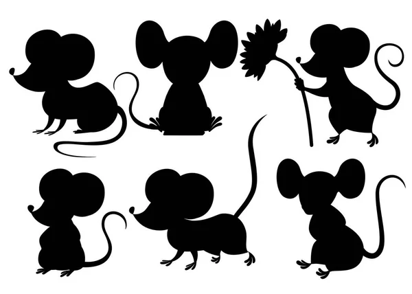 Черный силуэт. Симпатичная мультяшная мышь. Забавная маленькая коллекция серых мышей. Эмоциональное маленькое животное. Дизайн персонажа мультфильма. Плоская векторная иллюстрация на белом фоне — стоковый вектор