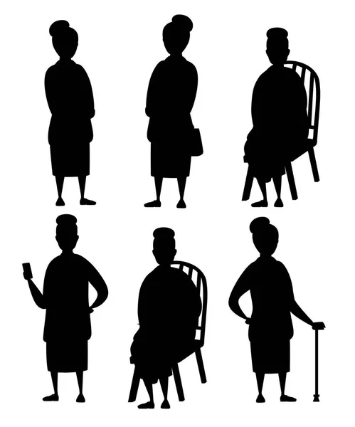 Black silhouette. Set of Senior Woman in casual clothes. Old women in different situations. Grandmother standing. Cartoon character design. Flat vector illustration isolated on white background — Stock Vector
