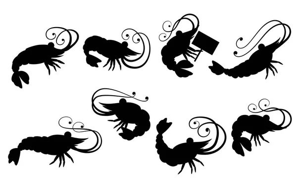 黒いシルエット。かわいいエビセット。漫画の動物のキャラクターデザイン。水泳甲殻類のアイコンコレクション。白い背景に分離されたフラットベクトルイラストレーション — ストックベクタ