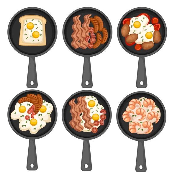 Eten in een koekepan. Gebakken eten, Ontbijt op pan. Set van verschillende ochtend eten. Pictogrammen voor menu logo's en labels. Platte vector illustratie geïsoleerd op witte achtergrond. — Stockvector