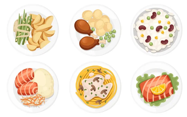 Verschillende gerechten op de borden. Traditionele gerechten uit de hele wereld. Pictogrammen voor menu logo's en labels. Platte vector illustratie geïsoleerd op witte achtergrond — Stockvector