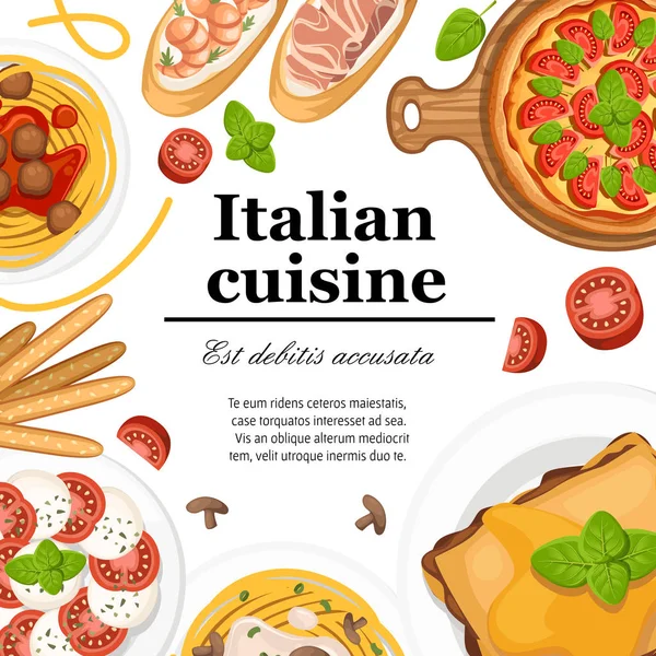 Italienische Küche. Pizza, Spaghetti, Risotto, Bruschetta und Grissini. flache Vektordarstellung auf weißem Hintergrund. Platz für Text. Werbeflyer oder Grußkarten-Design — Stockvektor