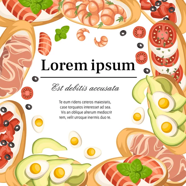 Conjunto de Bruschetta com ingredientes diferentes - salmão, tomates, camarões, carne, parmesão. Ilustração vetorial plana sobre fundo branco. Lugar para SMS. Folheto publicitário ou design de cartões de felicitações —  Vetores de Stock