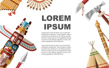 Bir grup Hint silahı, çadır ve totem. Beyaz arka planda düz vektör çizimi. Kızılderili kültürü. Metin için yer. Reklam el ilanı veya tebrik kartı tasarımı