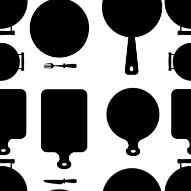 Kusursuz desen. Mutfak eşyaları seti. Ahşap kesme tahtası, tava, tava ve beyaz seramik plaka. Web sitesi veya restoran menüsü için siyah simge, etiket. Beyaz arka planda düz vektör çizimi