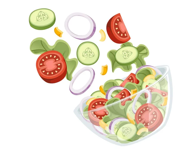 Рецепт салата из овощей. Салат падает в прозрачную миску. Овощи и фрукты. Плоская векторная иллюстрация на белом фоне — стоковый вектор
