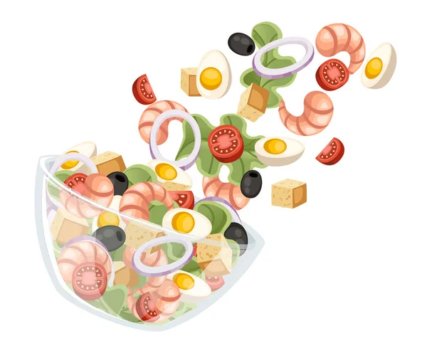 Grönsaker sallad recept. Skaldjurssallad faller till transparent skål. Färska grönsaker Cartoon Icon design mat. Platt vektor illustration isolerad på vit bakgrund — Stock vektor