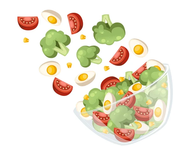 Vegetables salad recipe. Salad fall to transparent bowl. Fresh vegetables cartoon icon design food. Flat vector illustration isolated on white background — Stock Vector