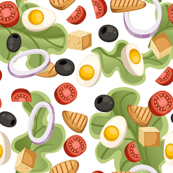 Schema senza soluzione di continuità. Ricetta insalata di verdure. Insalata di Cesare. verdure fresche cartone animato icona cibo di design. Illustrazione vettoriale piatta su sfondo bianco — Vettoriale Stock