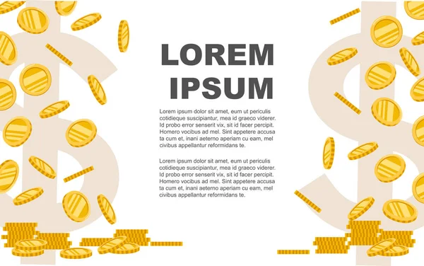 Monedas doradas voladoras. Cayendo monedas de oro. Ilustración vectorial plana sobre fondo blanco con símbolo dólar. Lugar para el texto. Folleto publicitario o diseño de tarjetas de felicitación — Archivo Imágenes Vectoriales