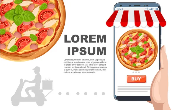 E-commerce koncepcja zamawiania żywności online stronie. Fast food dostawa pizzy usługi online. Płaska ilustracja wektorowa na białym tle. Ulotka reklamowa lub projekt karty pozdrowienia — Wektor stockowy