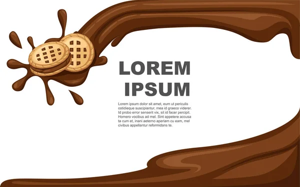 Chocolade koekjes met chocolade flow element. Platte vector illustratie op witte achtergrond. Plaats voor tekst. Reclame flyer of wenskaart ontwerp — Stockvector
