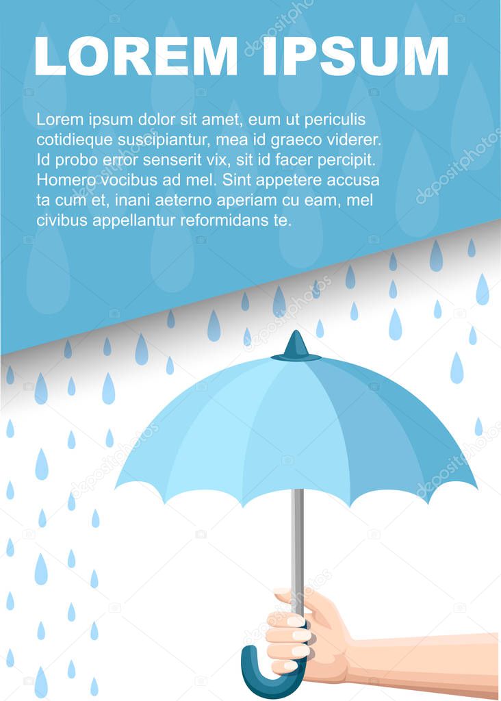 Hand holds blue umbrella on rainy day. Water drops, small rain. Flat vector illustration on white background. Place for text. Advertising flyer or greetings card design