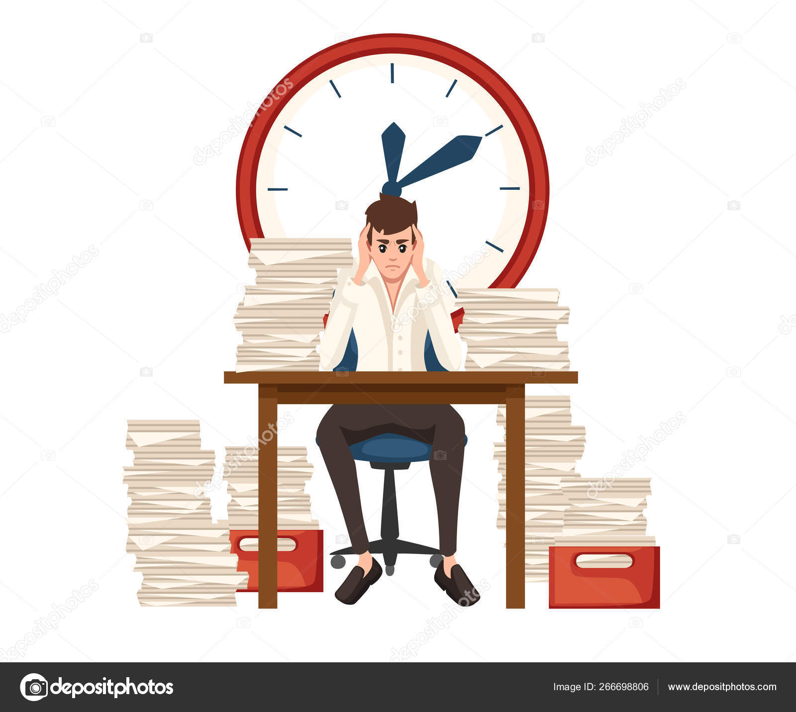 Man overwork in office. Cartoon character design. Worked overtime, tired office  worker. Stress of work. Table with paper stacks. Flat vector illustration  isolated on white background with big clock Stock Vector Image