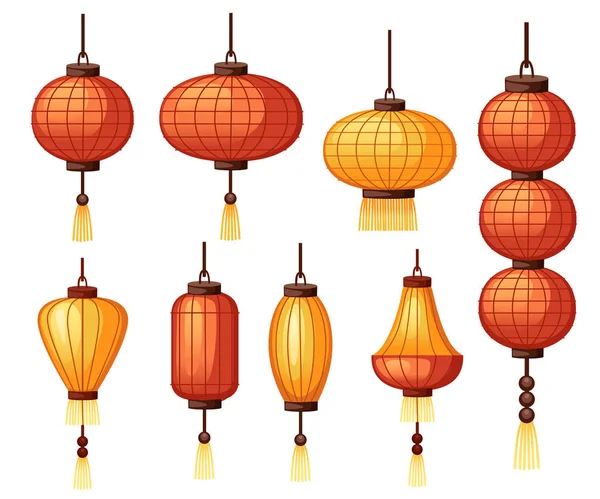 Conjunto de lanternas chinesas em forma diferente - circulares, formas cilíndricas. Ilustração vetorial plana isolada sobre fundo branco. Lanterna asiática clássica vermelha e laranja. Ano Novo Chinês —  Vetores de Stock