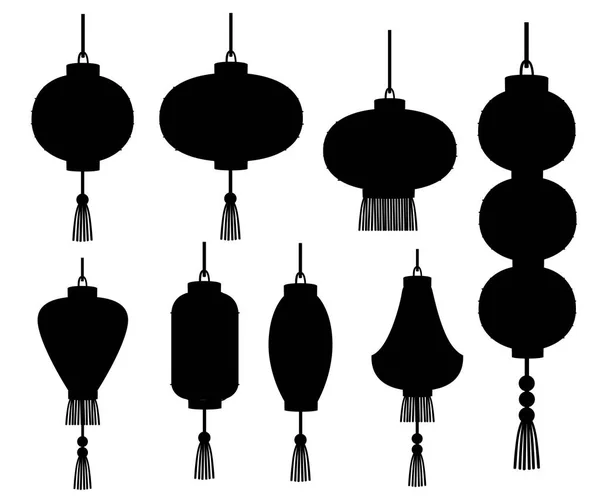 黒いシルエット。異なる形状の中国の提灯のセット - 円形、円筒形。白い背景に分離されたフラットベクトルイラストレーション。黒のアイコン古典的なアジアのランタン。旧正月 — ストックベクタ