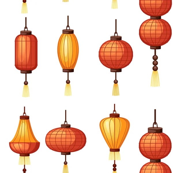 Modèle sans couture. Ensemble de lanternes chinoises de différentes formes - circulaires, cylindriques. Illustration vectorielle plate sur fond blanc. Lanterne asiatique classique rouge et orange. Nouvel An chinois — Image vectorielle