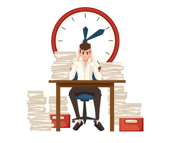Man overwork in office. Cartoon character design. Worked overtime, tired office worker. Stress of work. Table with paper stacks. Flat vector illustration isolated on white background with big clock — Stock Vector