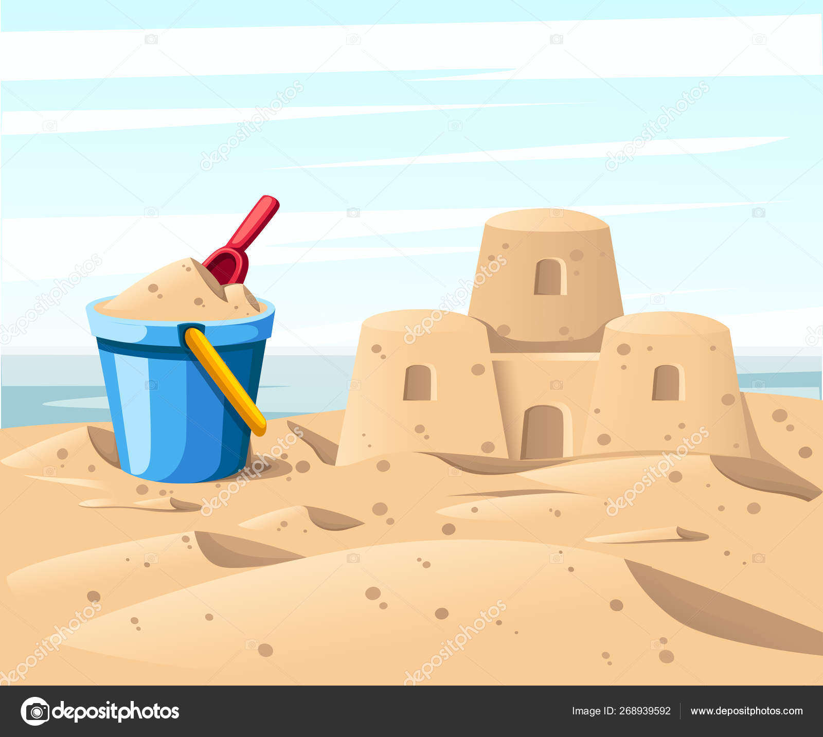 Simple sand castle with blue bucket and red shovel. Cartoon design. Flat vector illustration on beach background. Blue sky with clouds, sea or ocean on background Stock Vector Image by ©.com #268939592 Simple sand castle with blue bucket and red shovel. Cartoon design. Flat vector illustration on beach background. Blue sky with clouds, sea or ocean on background Stock Vector Image by ©.com #268939592