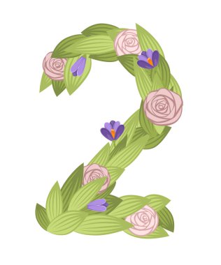İki numara. Karikatür çiçek yazı tipi tasarımı. Çiçekler ve yapraklarla 2 numara. Beyaz arka planda yalıtılmış düz vektör çizimi
